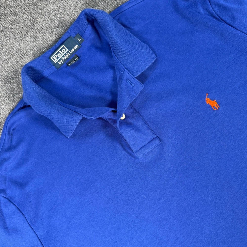 Polo Ralph Lauren Mens Blue Orange Pony Short Sleeve Cotton Shirt Large #4254